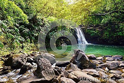 Tropical waterfall Lower Waikamoi Falls and a small crystal clear pond, inside of a dense tropical rainforest, off the Road to Han Stock Photo