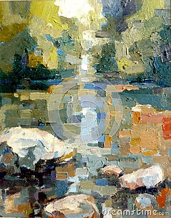 Rock in river running acrylic oil impressionism painting Stock Photo