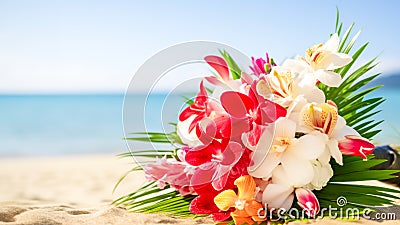 Tropical wedding bouquet on sandy serene beach backdrop Stock Photo