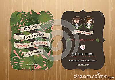 Tropical wedding bride and groom invitation card Vector Illustration