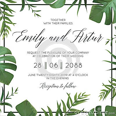 Tropical wedding floral invitation, invite card. Vector watercolor style exotic palm tree green leaves, forest greenery herbs, nat Vector Illustration