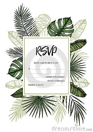 Tropical wedding RSVP. Invitation with palm leaves. Hand drawn v Vector Illustration