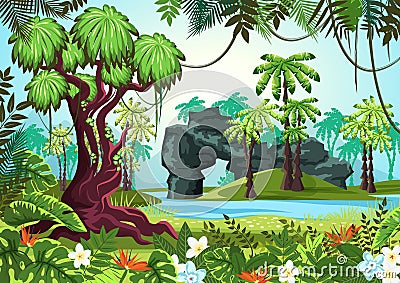 Tropical wood, jungle forest with palms and river Vector Illustration