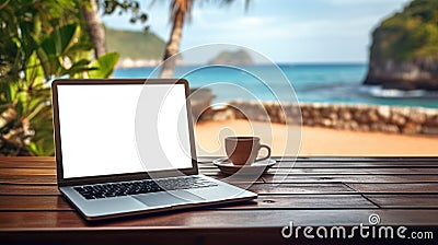 Tropical working remotely ai generated laptop template Stock Photo