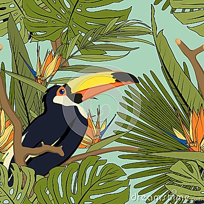 Tropical yellow black toucan, exotic palm monstera green leaves, orange blue bird of paradise floral seamless pattern. Vector Illustration