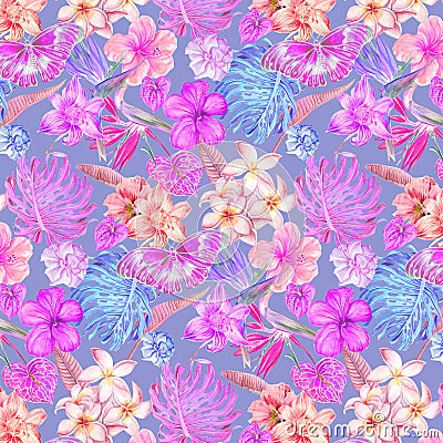 Tropical pastel lover pattern with butterfly watercolor illustration Stock Photo