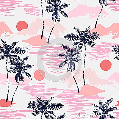 Tropics background with sunset sea, exotic islands, palm trees silhouettes, grunge brush stroke texture Vector Illustration