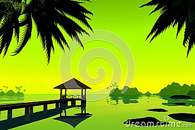 Tropics, vacation on the beach on overwater bungalow. 3D render Stock Photo