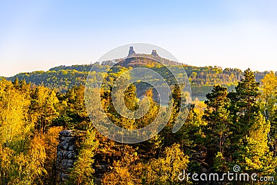 Trosky castle ruins. Two towers of old medieval castle on the hill. Landscape of Bohemian Paradise, Czech: Cesky raj Stock Photo