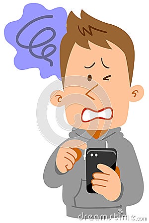 A troubled expression of a young man operating a smartphone Vector Illustration