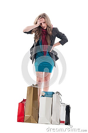 Troubled and worried shopping woman Stock Photo