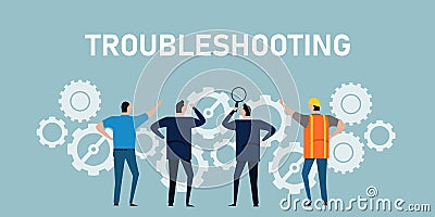 troubleshooting find and fix problem error in a machine process symbol of cooperation working together cogwheel gears Vector Illustration