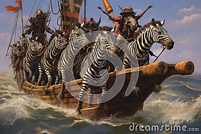 Troupe of zebra pirates, their stripes reminiscent of pirate flags, animal pirate illustration generative ai Cartoon Illustration