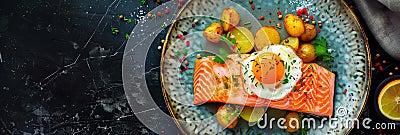 Trout Fillet and Poached Egg with Warm Potatoes, Arancino and Smoked Salmon, Sliced Red Fish Stock Photo
