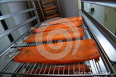 Trout fillet in the smoking oven Stock Photo