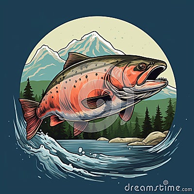 Trout Fish Jumping: Dark Orange And Pink Cabincore Art Cartoon Illustration