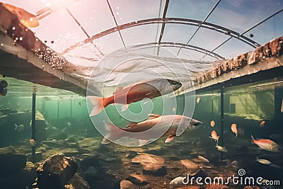 Trout in the pool at the fish farm, illustration. Generative AI Cartoon Illustration