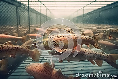 Trout in the pool at the fish farm, illustration. Generative AI Cartoon Illustration