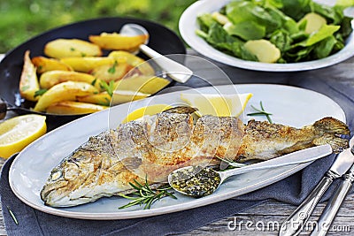 Roasted traditional river trout with salad, potatoes and garlic sauce Stock Photo