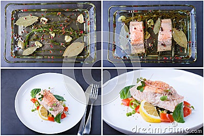 Trout salmon with vegetables, lemon and microgreens, cooked by the confit method. Traditional French dish. Recipe step by step. Stock Photo