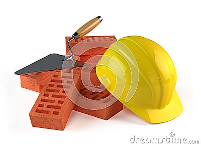 Trowel, Bricks and Construction helmet Stock Photo