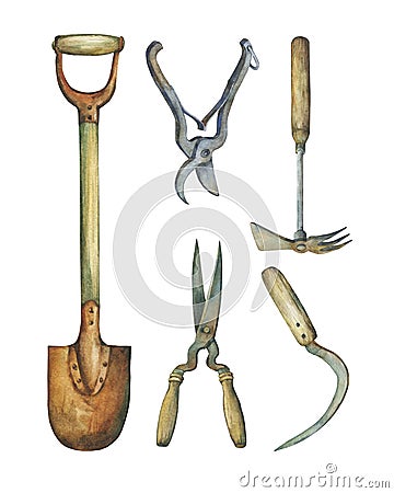 Trowel , shears, hayfork and other paraphernalia necessary for garden improvements. Stock Photo