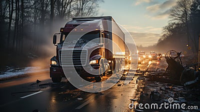 Truck after accident on the road. Heavy traffic Stock Photo