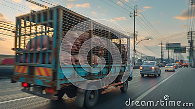 a truck adorned with piggy cages traversing an asphalt road, transporting pigs in car-style compartments during the Stock Photo