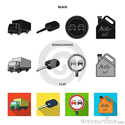 Truck with awning, ignition key, prohibitory sign, engine oil in canister, Vehicle set collection icons in black, flat Vector Illustration