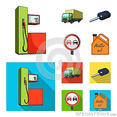 Truck with awning, ignition key, prohibitory sign, engine oil in canister, Vehicle set collection icons in cartoon,flat Vector Illustration