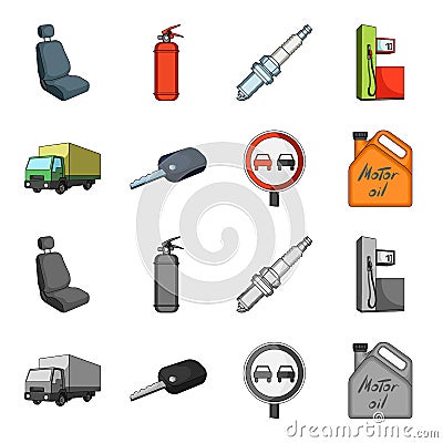 Truck with awning, ignition key, prohibitory sign, engine oil in canister, Vehicle set collection icons in cartoon Vector Illustration