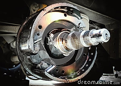 Truck Axle with Break Pads Maintenance for To Change. Auto Part for Semi Truck Repair. Stock Photo