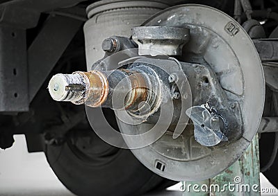 Truck Axle Waiting to Reparing Sevice. Truck Wheels Maintenance. Stock Photo