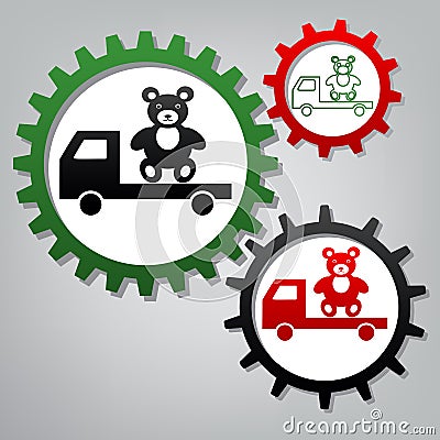 Truck with bear. Vector. Three connected gears with icons at grayish background.. Illustration. Vector Illustration