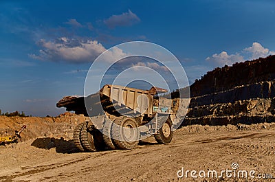 truck bulldozer sand construction work outdoors blue sky summer Stock Photo