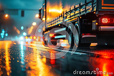 Truck car moving on road at night. Motion blur, light trails. Transportation, transport logistic concept Stock Photo