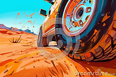 Truck car wheel on offroad steppe adventure trail, travel, destination scenics Cartoon Illustration