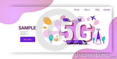 Truck cars drone and airplane over 5g icon fifth innovative generation of online internet connection shipping and Vector Illustration