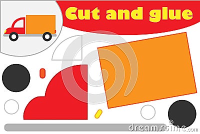 Truck in cartoon style, education game for the development of preschool children, use scissors and glue to create the applique, Stock Photo