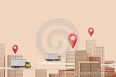 Truck and city buildings with location pin, courier. Copy space Stock Photo