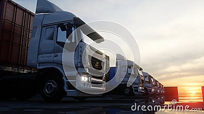 Truck in container depot, wharehouse, seaport. Cargo containers. Logistic and business concept. 3d rendering. Stock Photo