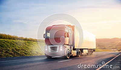 Truck with container on highway with sun light. Concept cargo transportation banner. Blur move effect Stock Photo