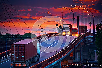 Truck with container rides on the road, railroad transportation, freight cars in industrial seaport at sunset Stock Photo