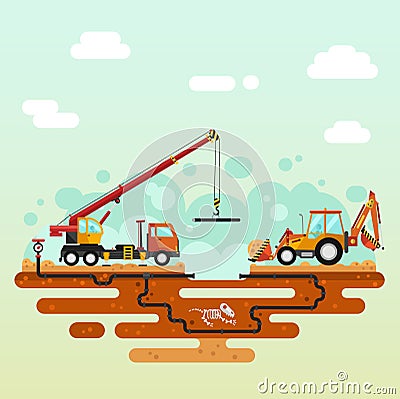 Truck crane and bulldozer laying of the pipes Vector Illustration