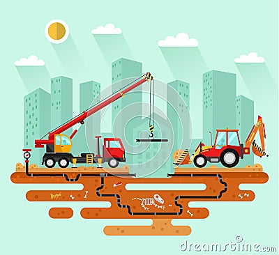 Truck crane and bulldozer in work Vector Illustration