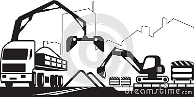 Truck crane and excavator repair a street Vector Illustration