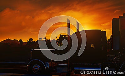 Truck dashboard with the front of a truck against sunset Stock Photo