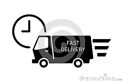 Truck delivery icon with clock isolated. Fast shipping service. Moving car icon Vector Illustration
