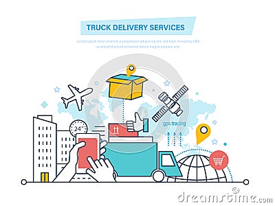 Truck delivery services concept. Trucking, delivery. Shipping goods. Transportation products. Vector Illustration
