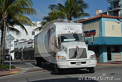 Truck delivery in South Miami Beach early morning Editorial Stock Photo